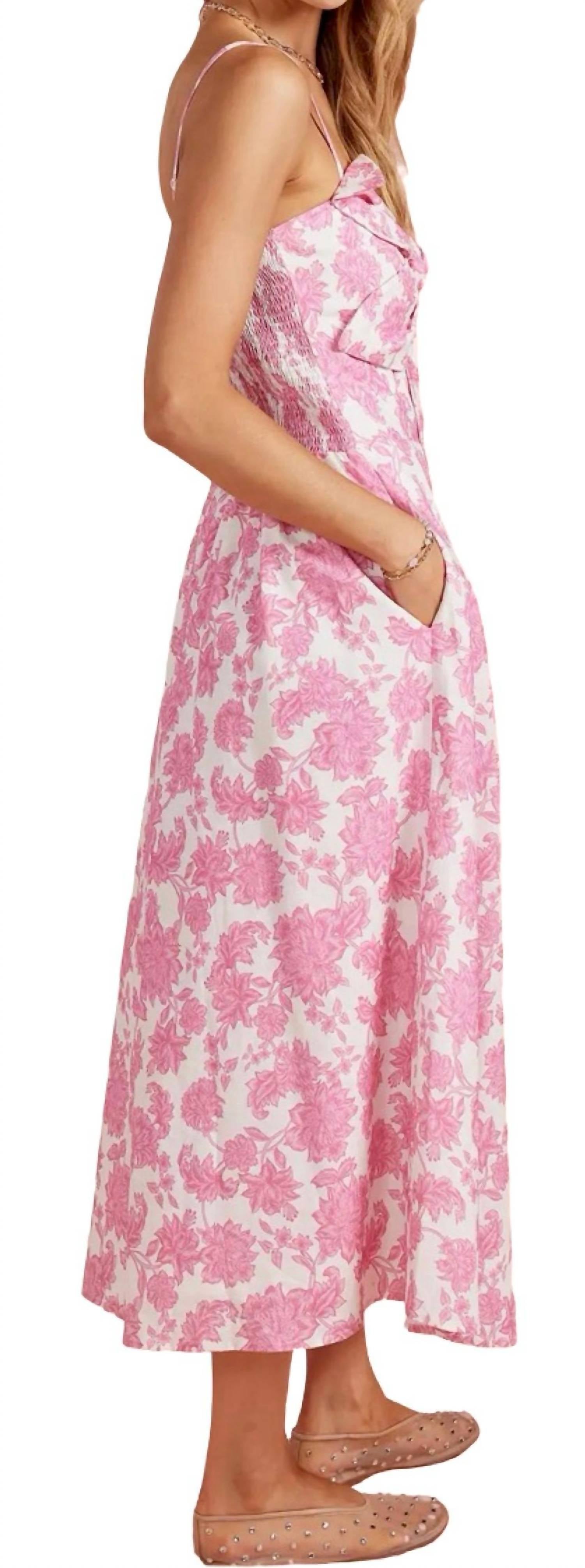 Strut & Bolt Garden Bow Flower Sleeveless Midi Dress in pink white - women's dress - detail view