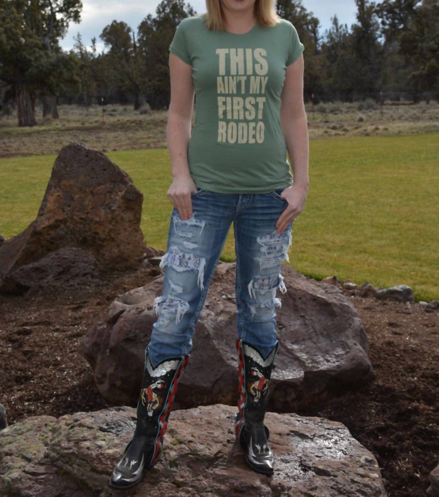 Cowgirl Justice This Ain't My First Rodeo Tee in sage green - women's t-shirt - detail view