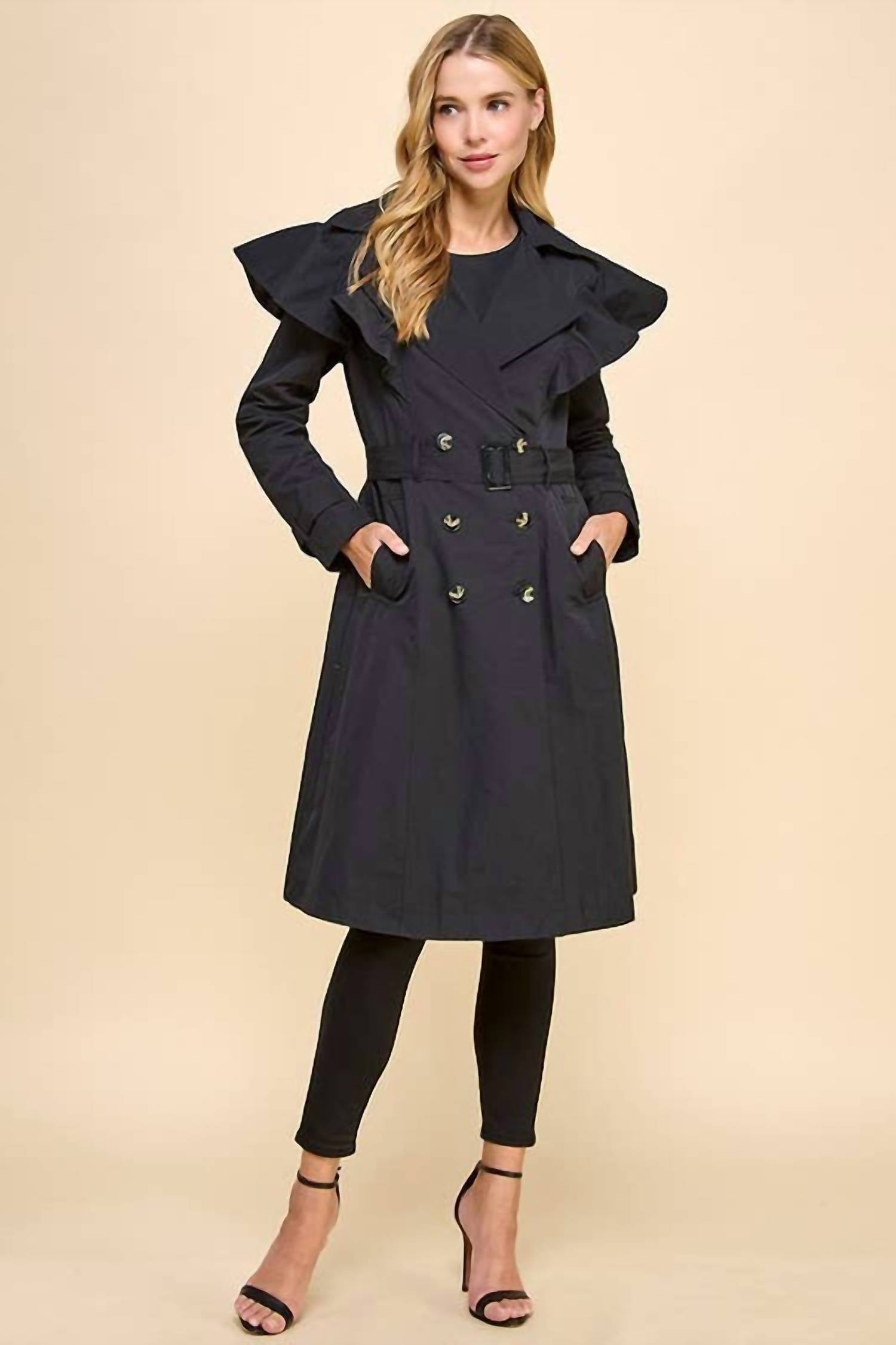 Tcec - Ruffle Shoulder Trench Coat
