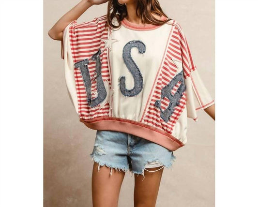Bibi - Washed Denim U.s.a. Patchwork Stripe Top