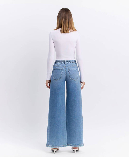 Flying Monkey - High Rise Elastic Tie Waistband Baggy Wide Jeans