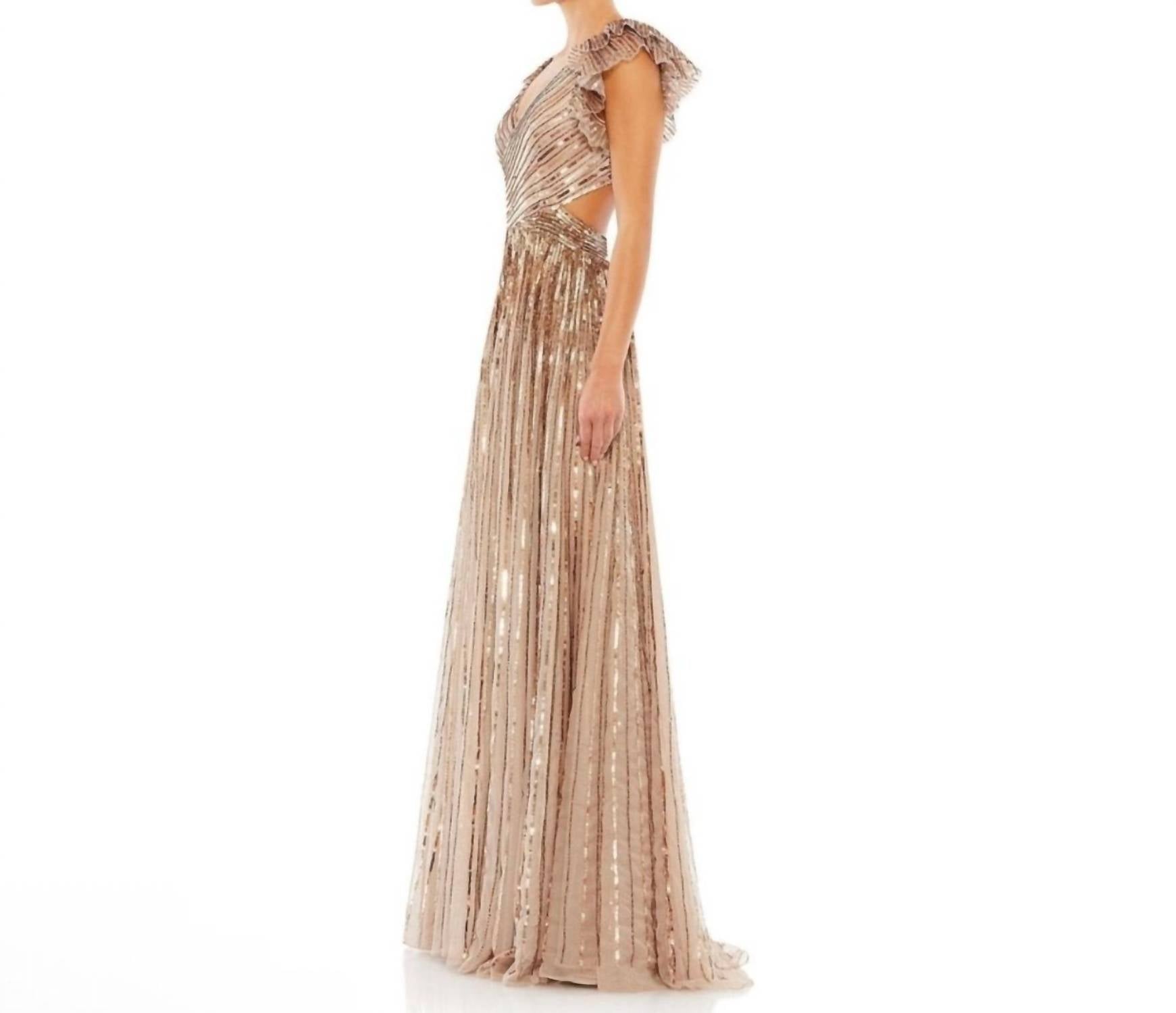 MAC DUGGAL Sequin Cutout Lace Up Back Gown in copper - women's dress - detail view