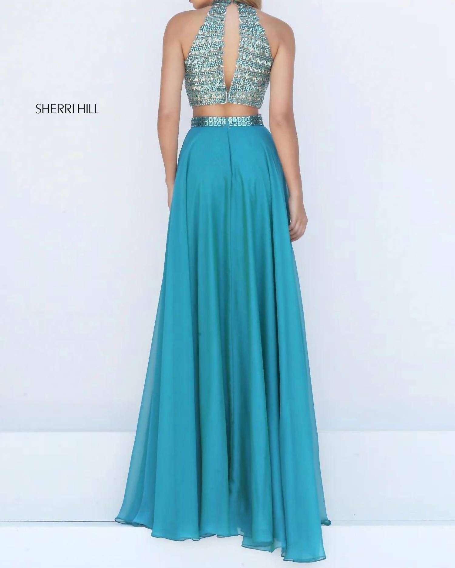 Sherri Hill 2 Piece Beaded Halter Crop Top And Chiffon Skirt Set in jade - women's skirt - detail view