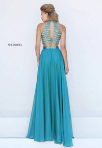 Sherri Hill 2 Piece Beaded Halter Crop Top And Chiffon Skirt Set in jade - women's skirt - alternate view