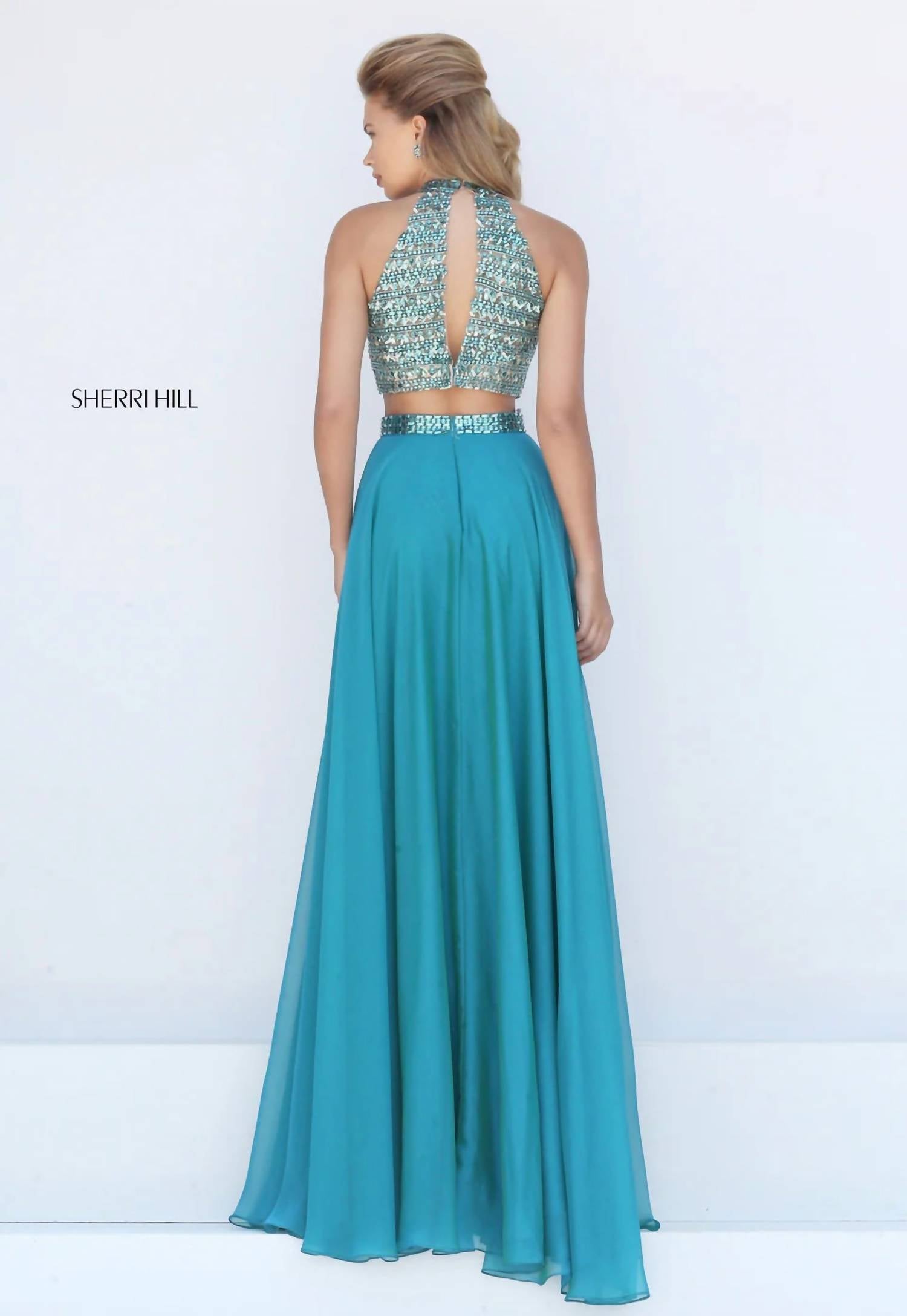 Sherri Hill 2 Piece Beaded Halter Crop Top And Chiffon Skirt Set in jade - women's skirt - alternate view