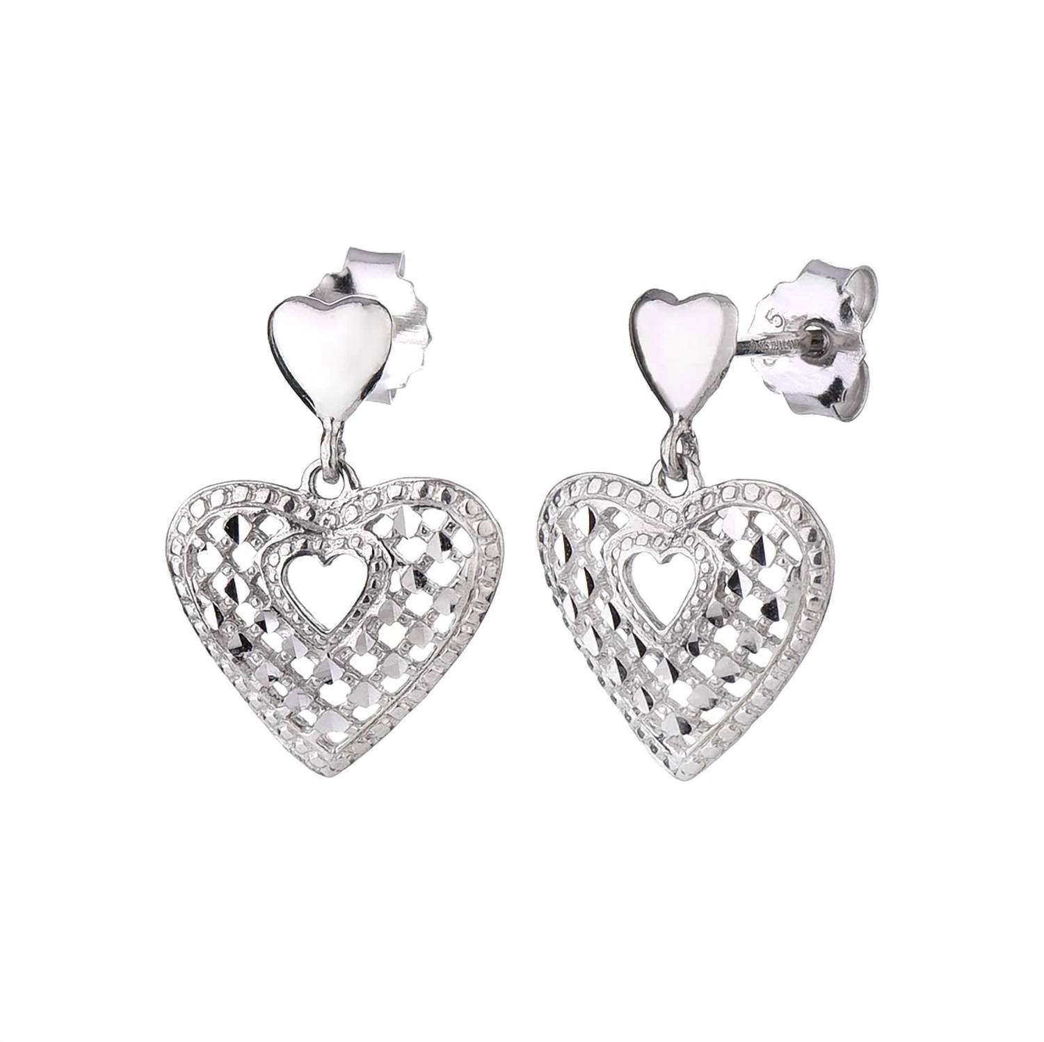 Gold & Honey - Women's Sterling Silver Quilted Drop Heart Earrings And Pendant Necklace Set
