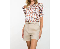 THML Ruched Sleeve Print Top in cream - women's shirt