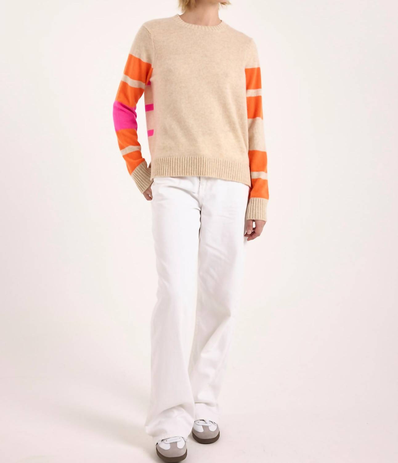 Brodie Cashmere Irregular Stripe Cashmere Crewneck Jumper in cygnet - women's sweater - detail view