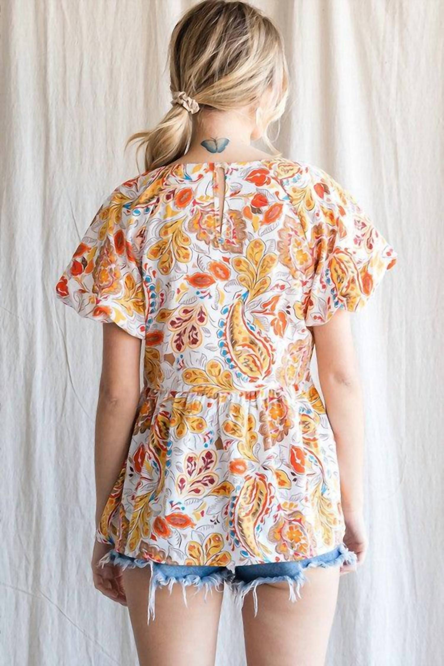 Style U - Paisley Print Short Sleeve Baby Doll Shirt