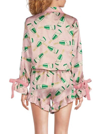 8 Oak Lane - Satin Champagne Print Shorty Bow Pajama Set - clothing - intimates - loungewear