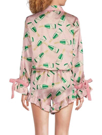8 Oak Lane - Satin Champagne Print Shorty Bow Pajama Set - clothing - intimates - loungewear