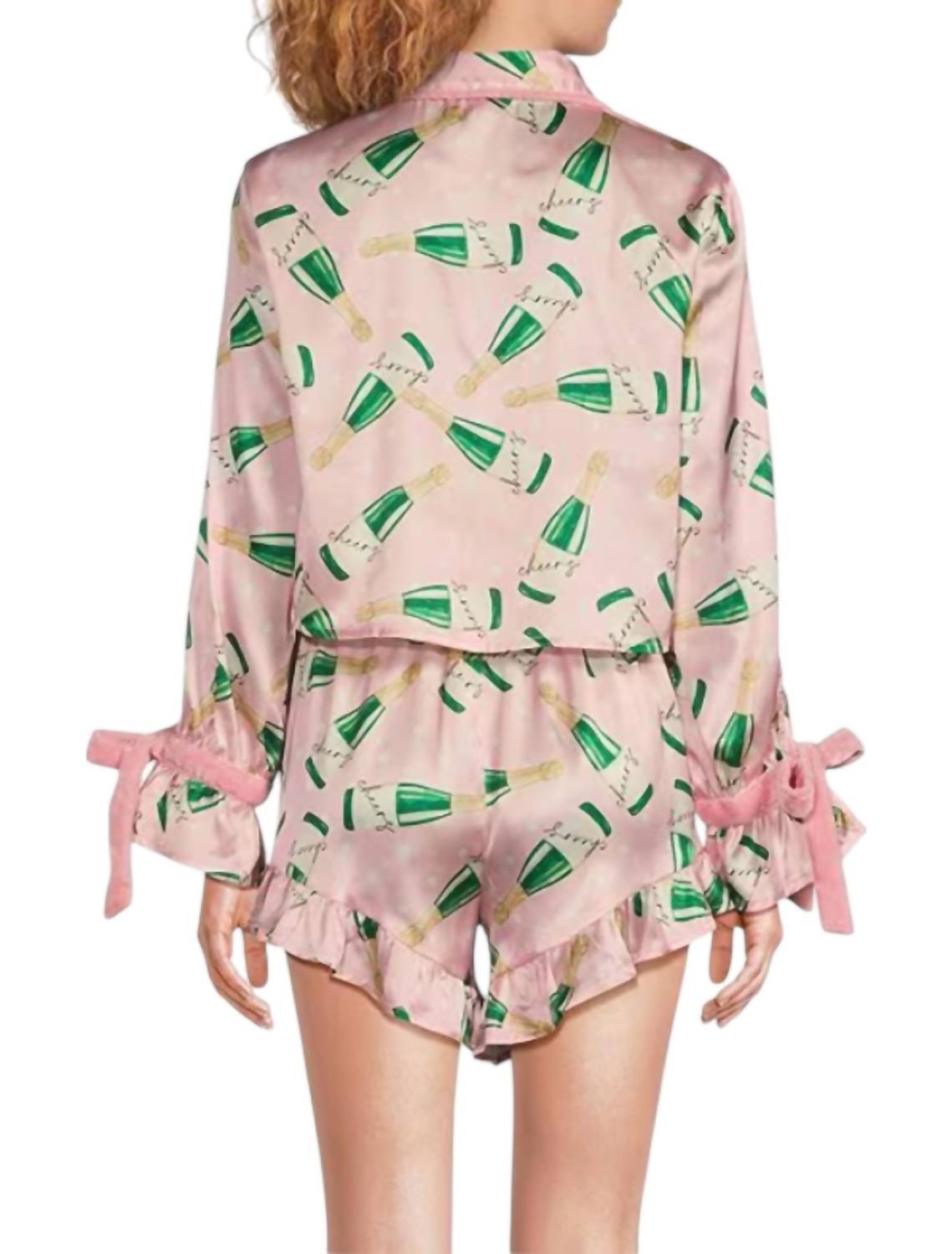 8 Oak Lane - Satin Champagne Print Shorty Bow Pajama Set - clothing - intimates - loungewear