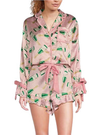 8 Oak Lane - Satin Champagne Print Shorty Bow Pajama Set - clothing - intimates - loungewear
