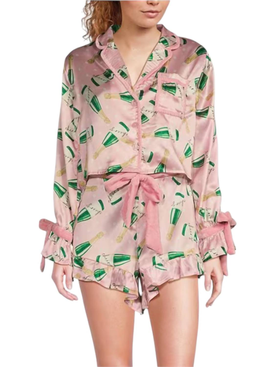 8 Oak Lane - Satin Champagne Print Shorty Bow Pajama Set - clothing - intimates - loungewear