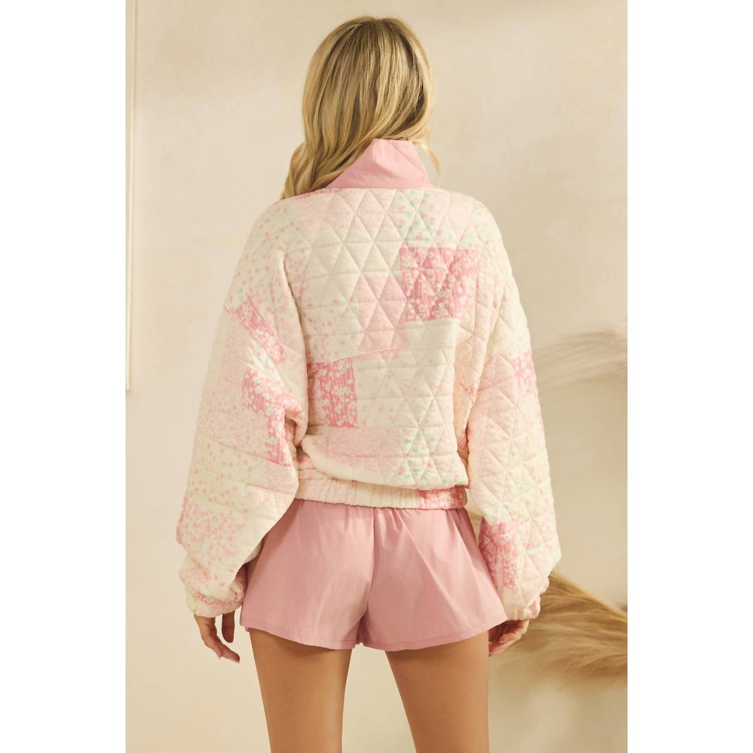 Veveret Textured Contrast Printed Quarter Zip Sweater in pink combo - women's cardigan - detail view