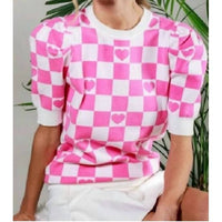 Vine & Love - Checkerboard Heart Puff Sleeve Sweater