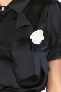 Beulahstyle - Desiree Ruffle & Rose Accent Satin Blouse