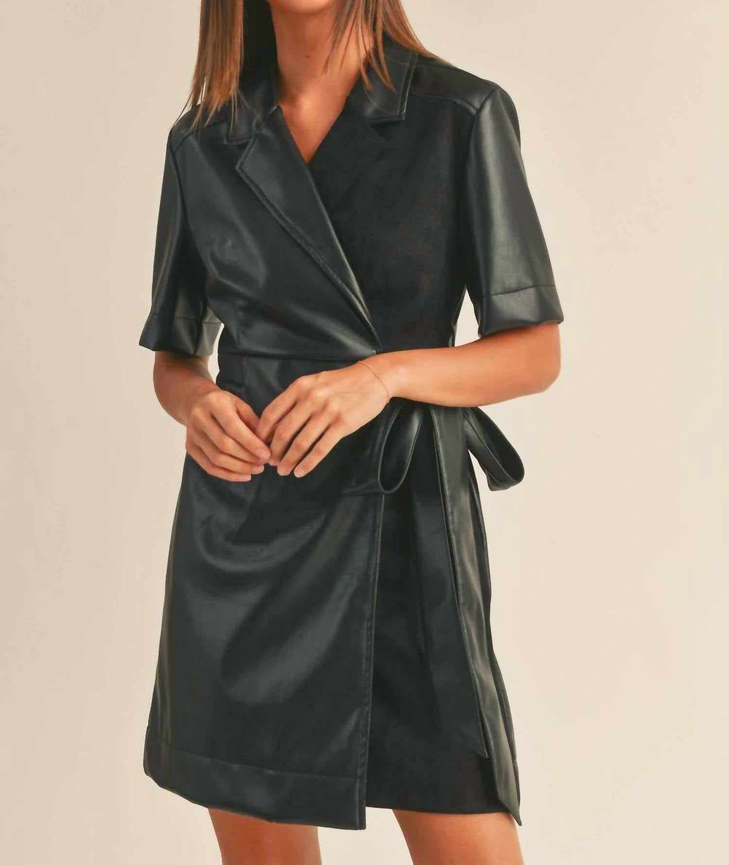Miou Muse - Marcie Pleather Collared Wrap Dress