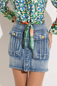 Oolala - Front Pocket Denim Mini Skirt