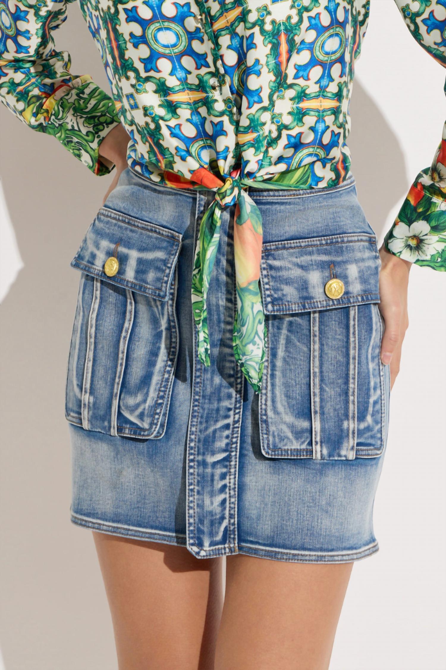 Oolala - Front Pocket Denim Mini Skirt