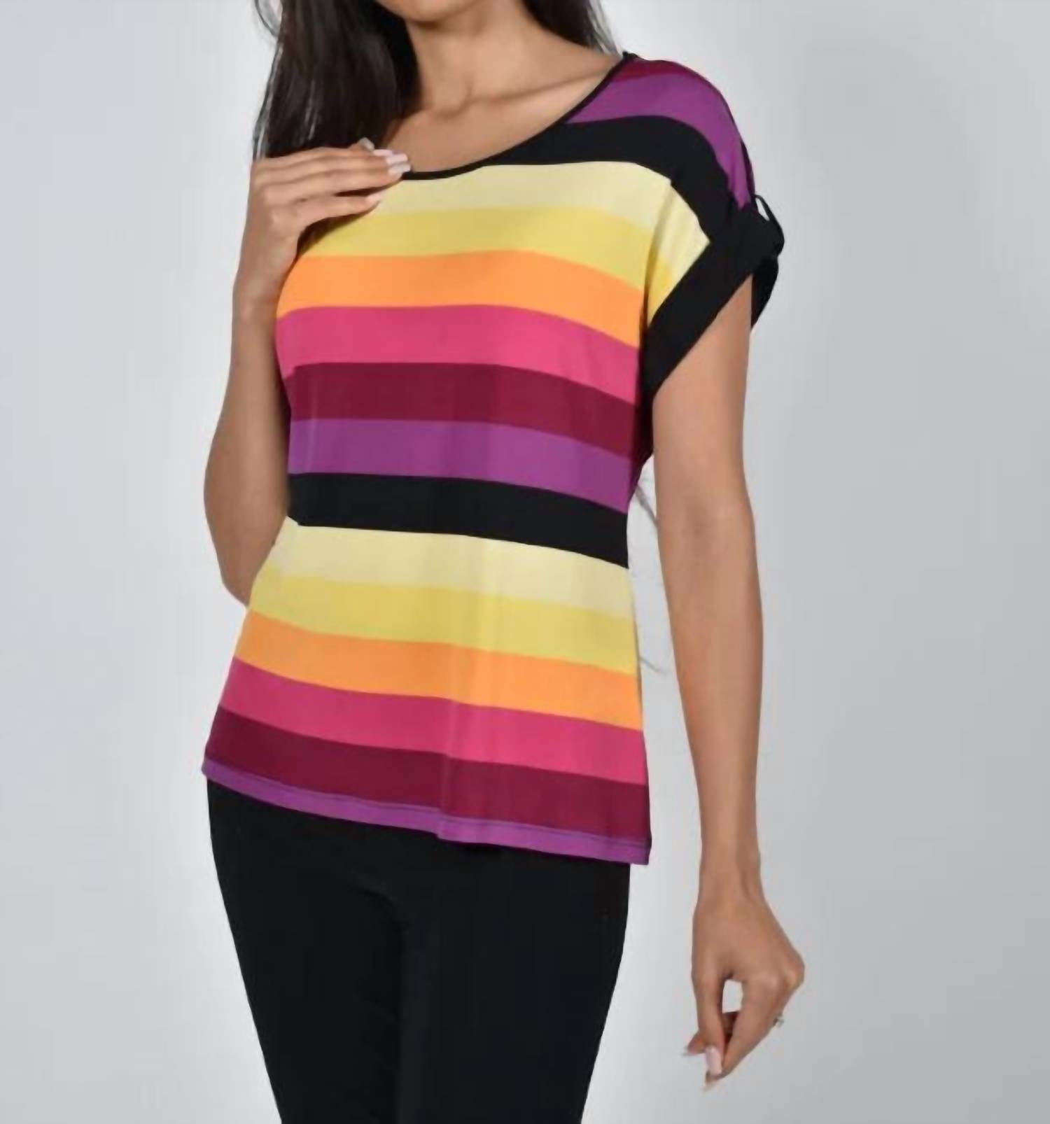 Frank Lyman Melissa Short Sleeve Top With Rhinestone Tab in multi stripe - women's blouse