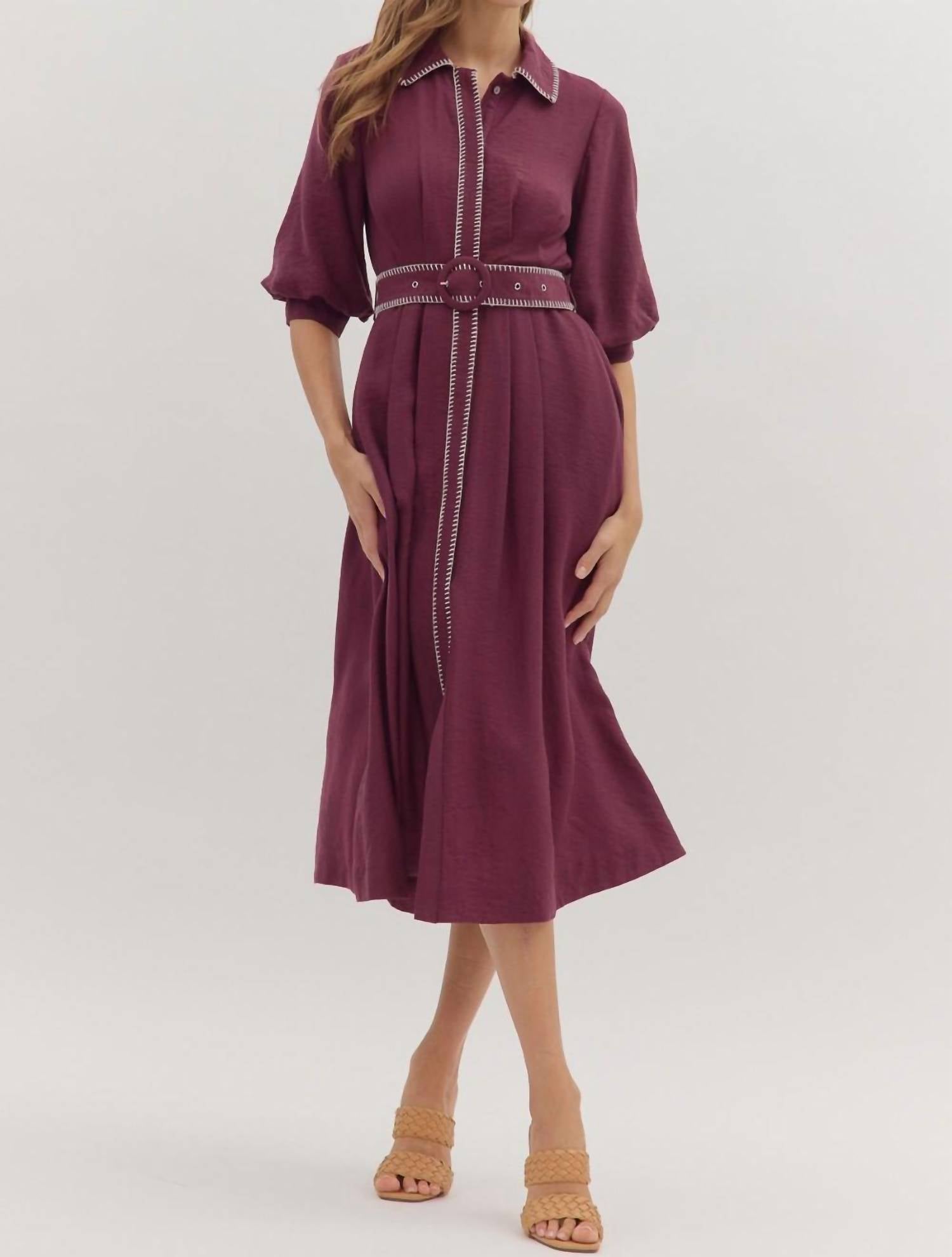 entro Short Puff Sleeve Midi Dress in plum - women's dress