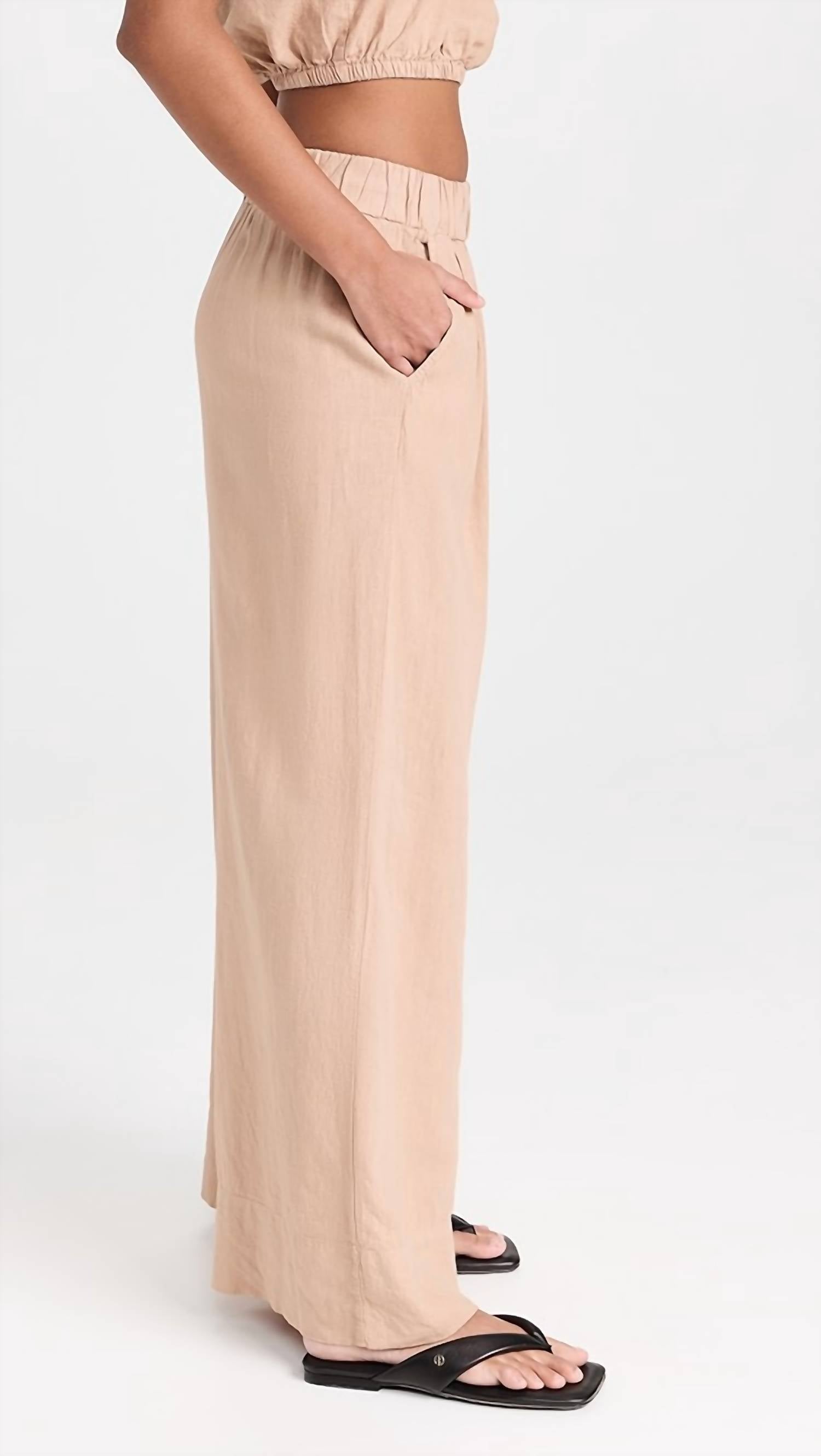 STATESIDE Linen Wide Leg Pull On Pant in almond - women's pants - detail view