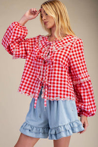 Easel - Bow Front Gingham Blouse