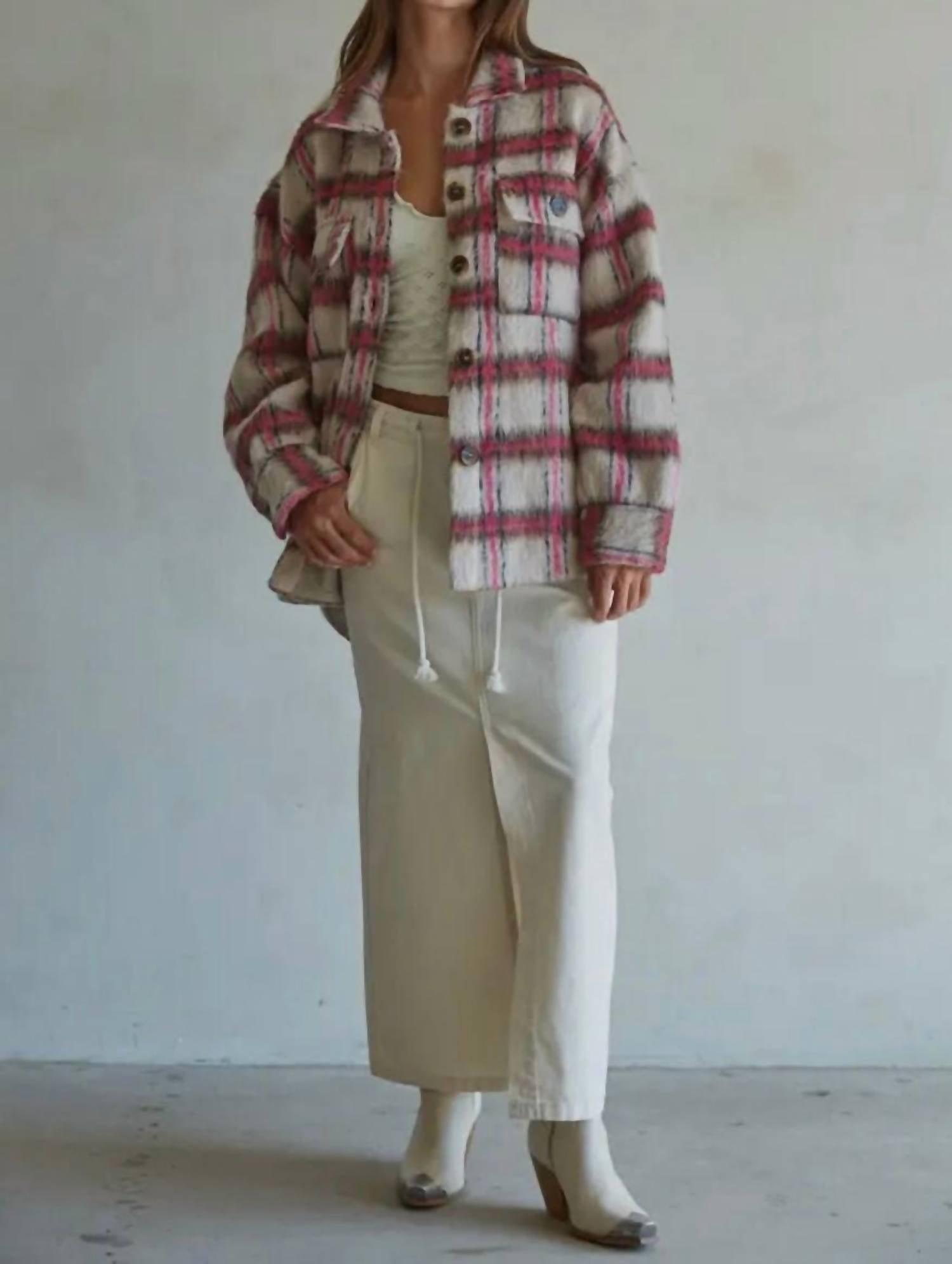 By Together - Plaid Buttondown Jacket With Back Fringe Detail