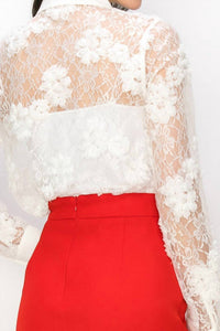 Ina Fashion - Long Sleeve 3d Floral Lace Button Front Blouse