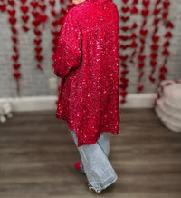 Davi & Dani - Sequins And Velvet Button Down Shirt Dress Cardigan