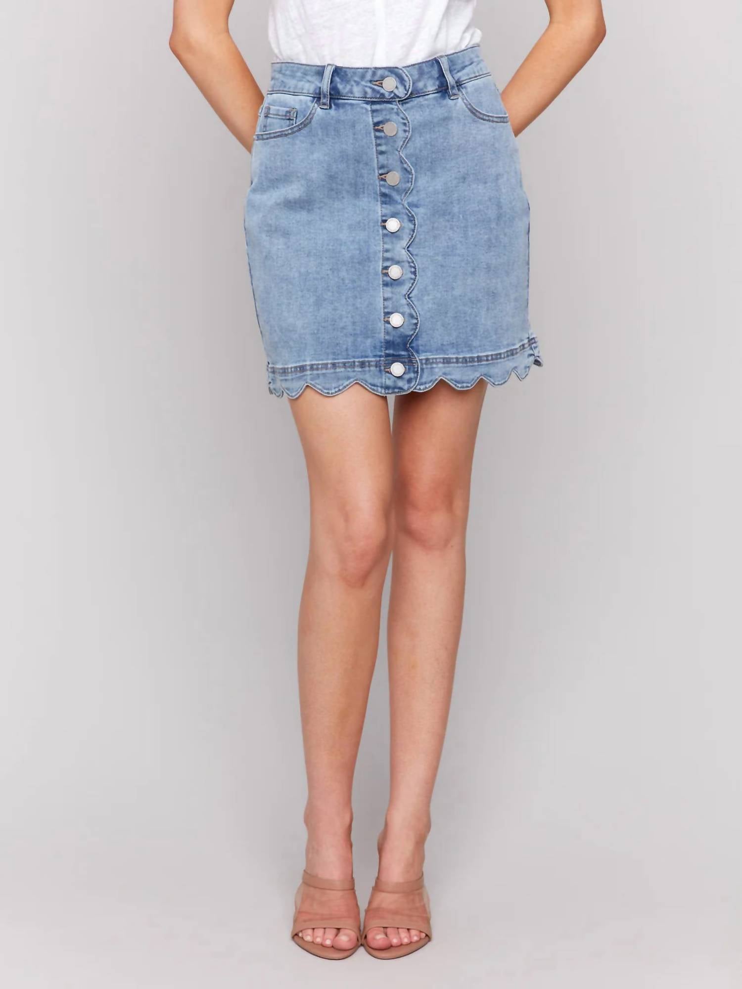 Charlie B - Scalloped Hem Button-front Denim Skort