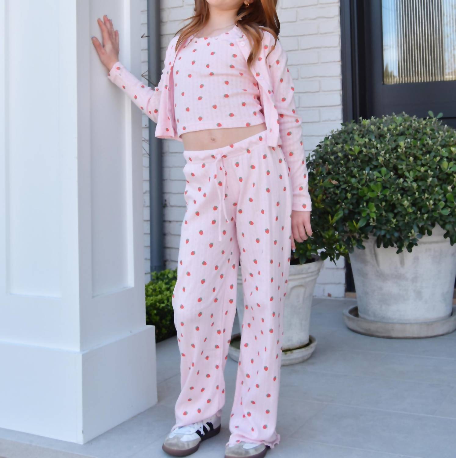 flowers by zoe Strawberry Pointelle Cardigan in pink - women's sweater