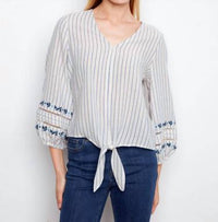 Charlie B - Striped Embroidered Sleeves Cotton Blouse