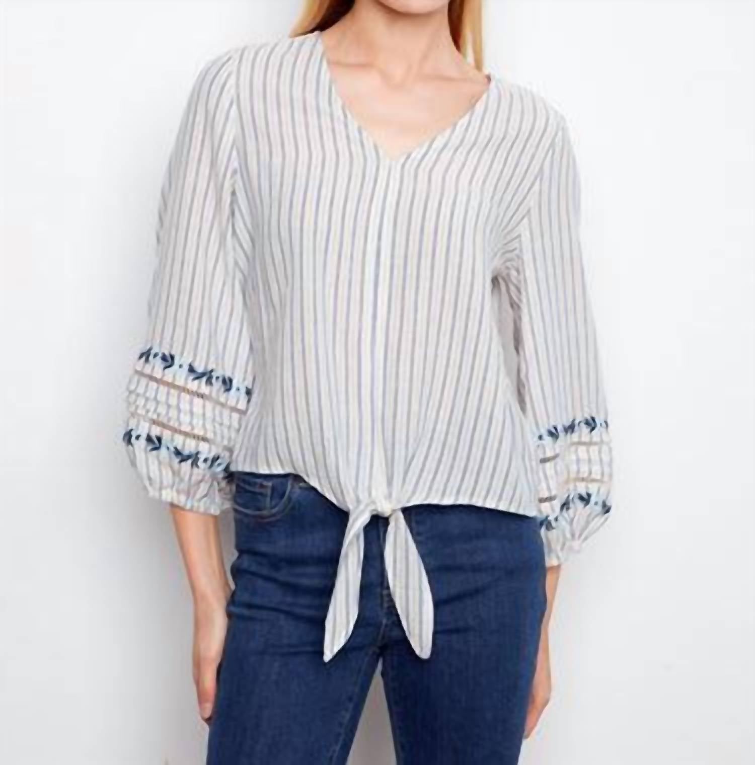 Charlie B - Striped Embroidered Sleeves Cotton Blouse