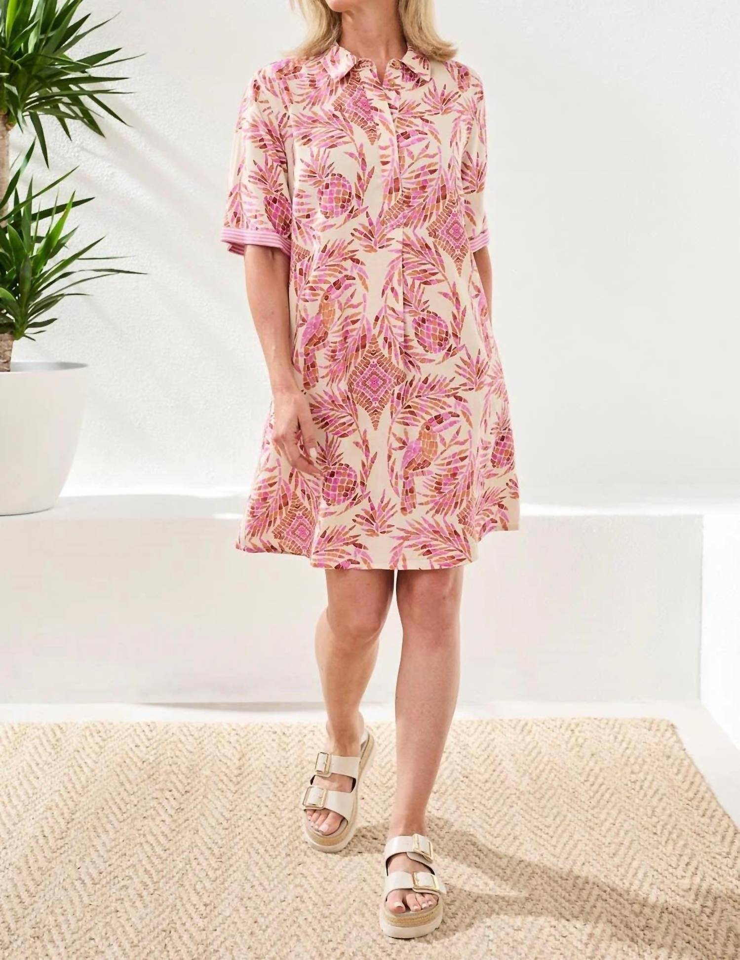 Tribal - Short Sleeve Collared Shift Mini Dress