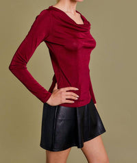 GILLI Scarlette Cowl Neck Top in burgundy - women's long sleeve top - detail view