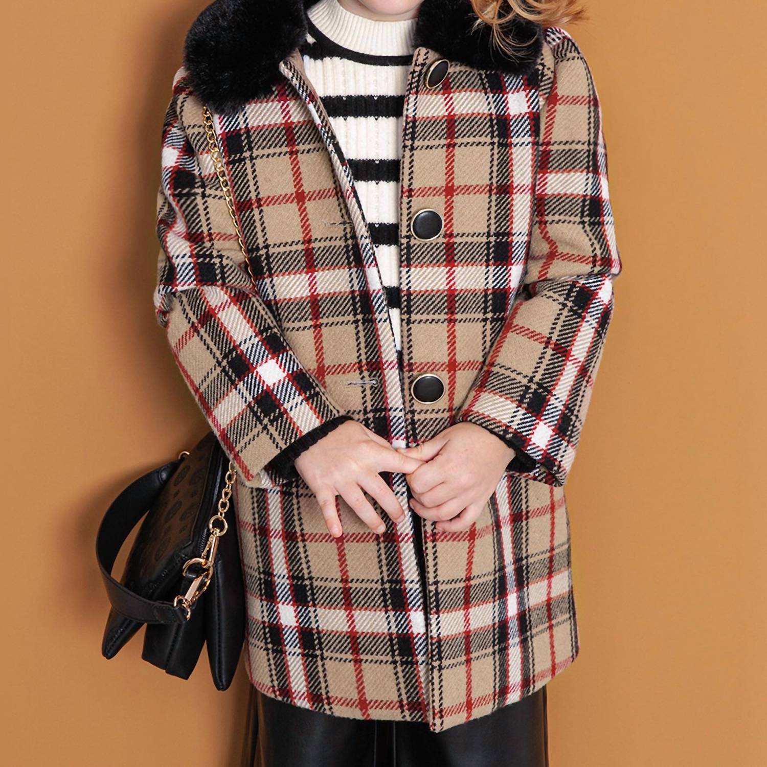 Abel & Lula - Faux Fur Collar Plaid Coat