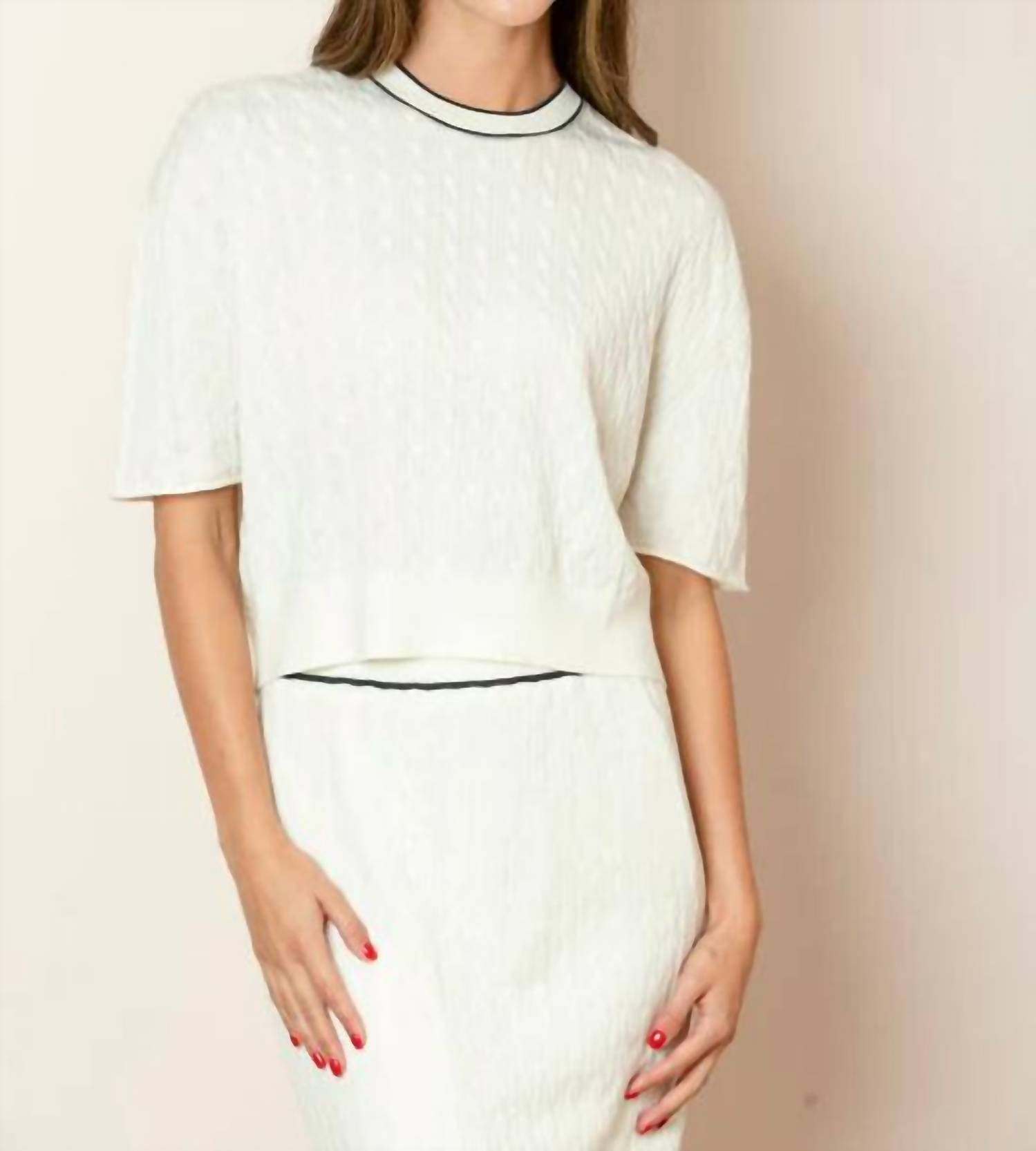 JESSIE LIU Short Sleeve Cable Knit Sweater in ivory - women's sweater - alternate view