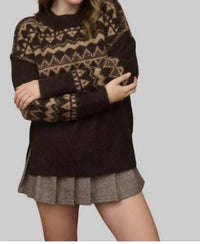 Blu Pepper Fair Isle Crewneck Sweater in dark brown - women's sweater