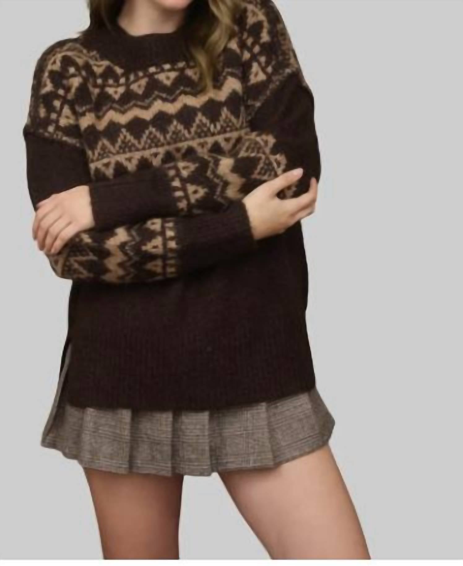 Blu Pepper Fair Isle Crewneck Sweater in dark brown - women's sweater