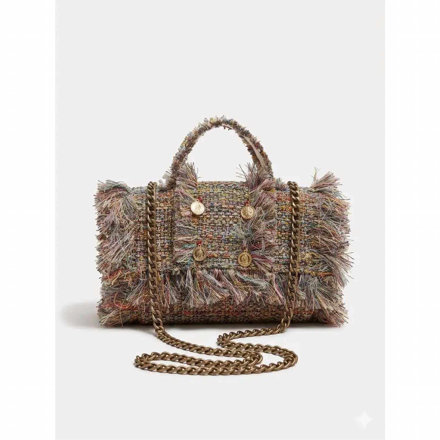 Elektra'S Workshop - Women's Top Handle Fabric Fringe Boucle Bag