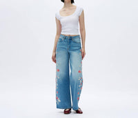 Bayeas - Charlie Floral Embroidery Wide Leg Jeans