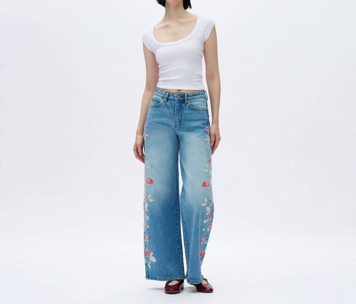 Bayeas - Charlie Floral Embroidery Wide Leg Jeans