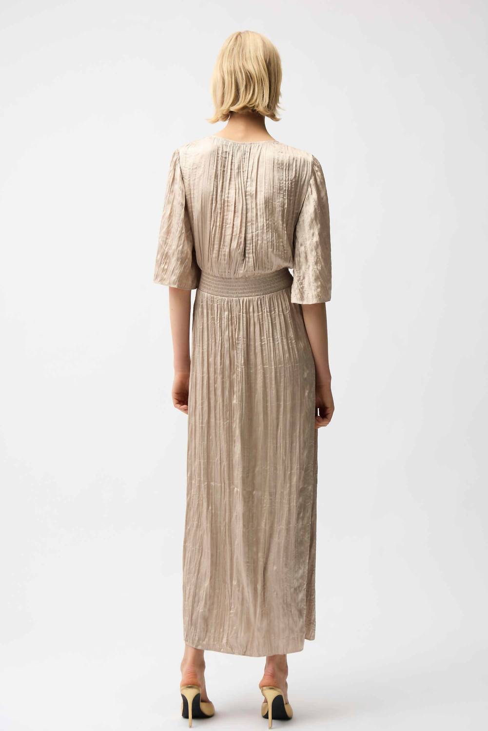 Joseph Ribkoff - Satin Fit And Flare Pleated Dress With Knot Waist Detail