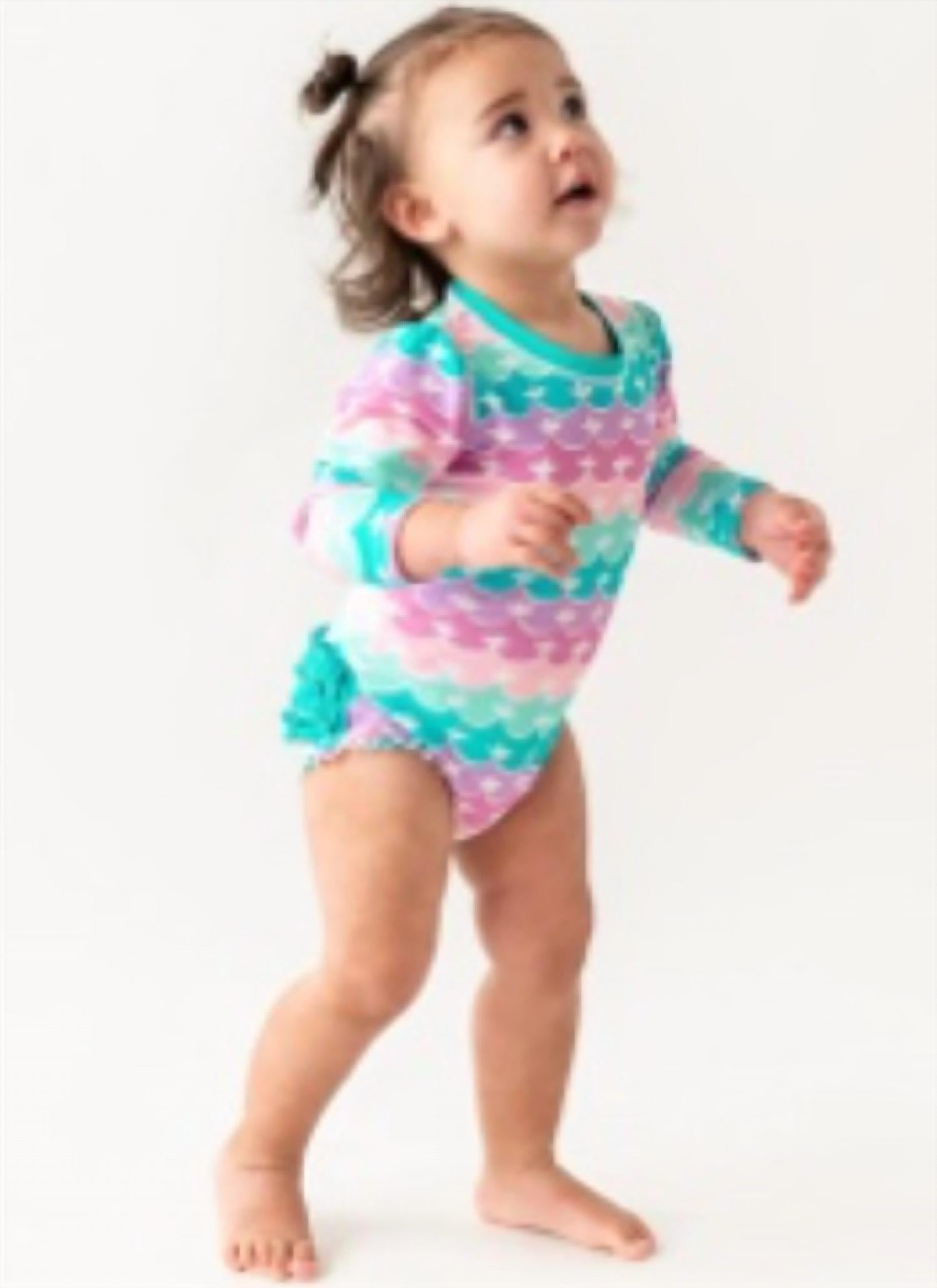 Rufflebutts - Kid's Mermaid One Piece Rash Guard Swimsuit
