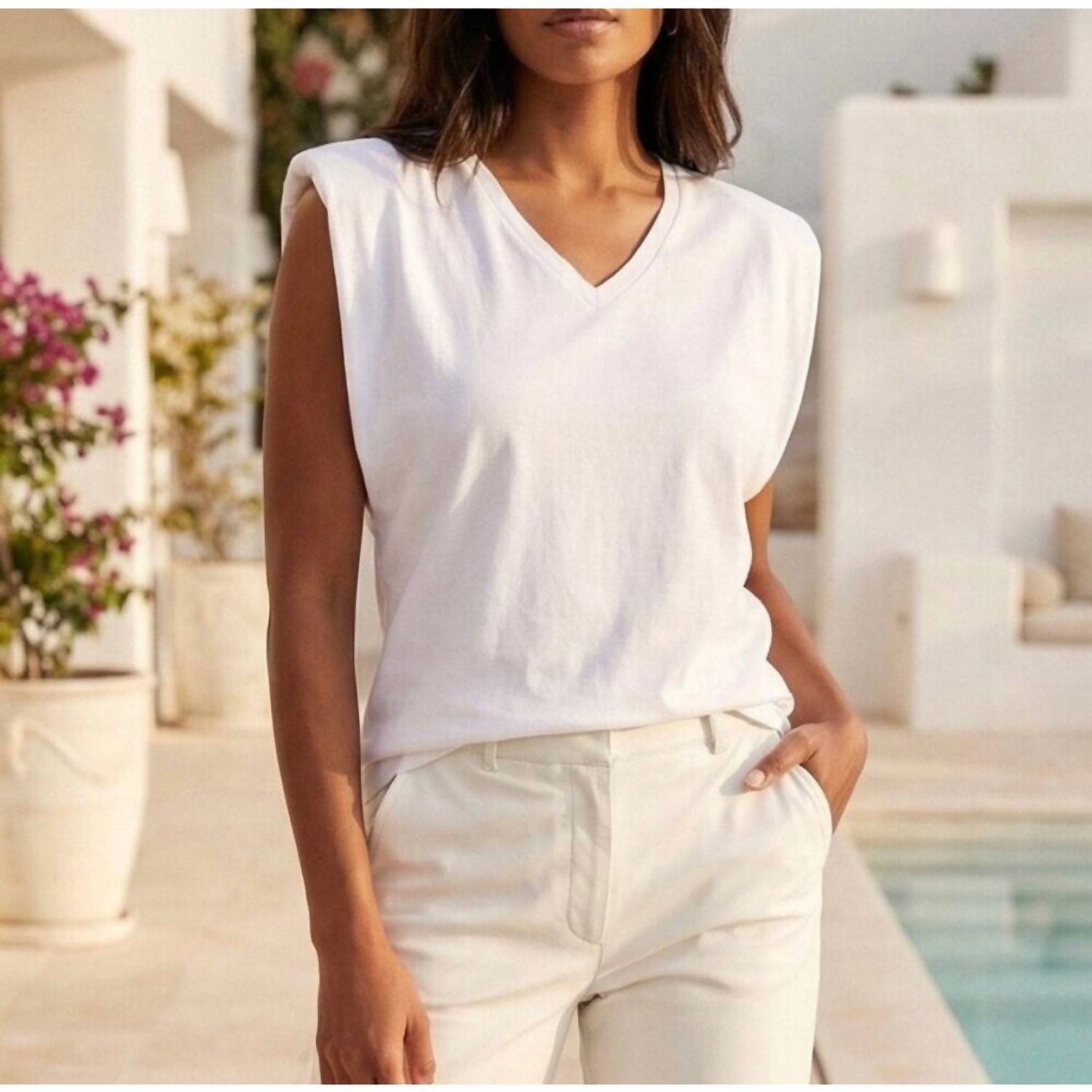 BLANKNYC V-neck Relaxed Vibe Top in white - women's blouse - detail view
