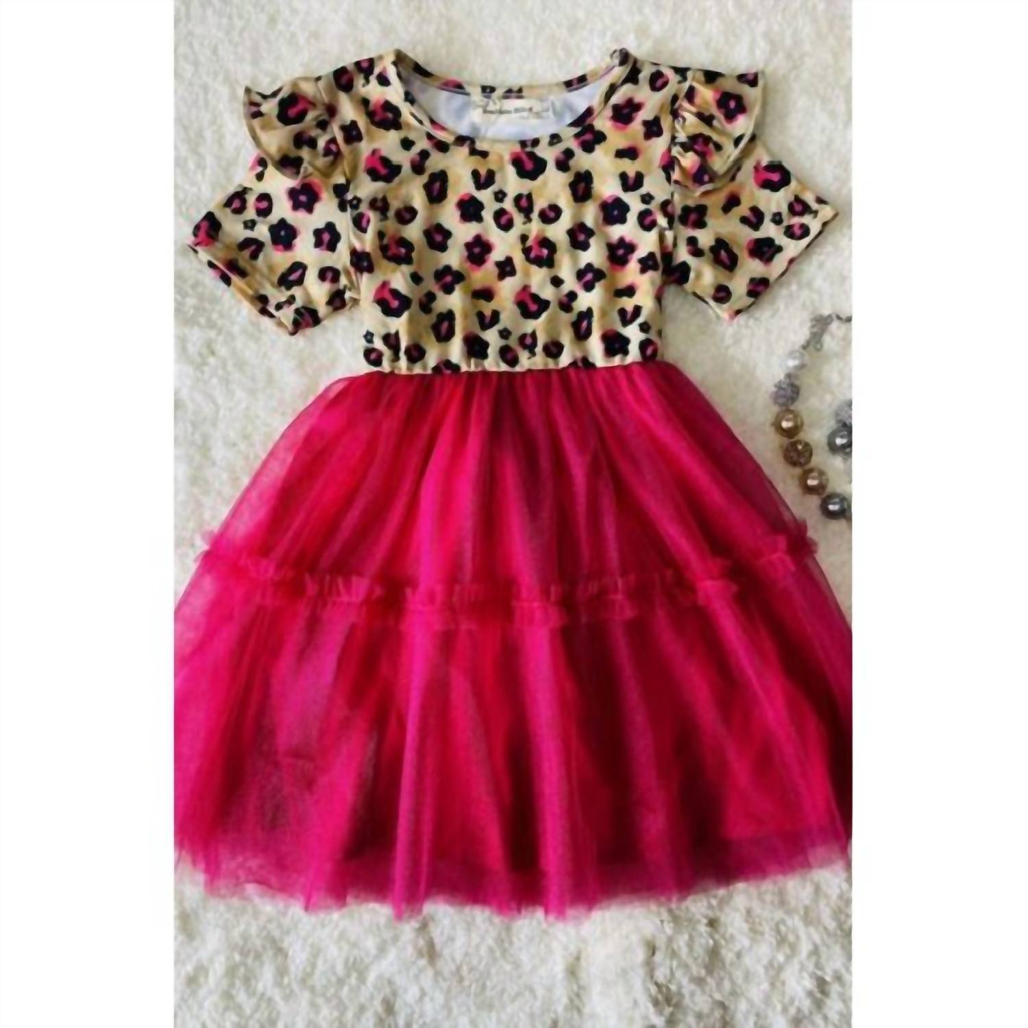 Lulu Clothes - Girl's Leopard Print Ruffle Sleeve Dress With Hot Pink Tulle Skirt