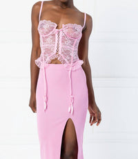 Kikiriki Alix Demi Ruffle Trim Lace Up Bustier Corset Top in pink - women's shirt