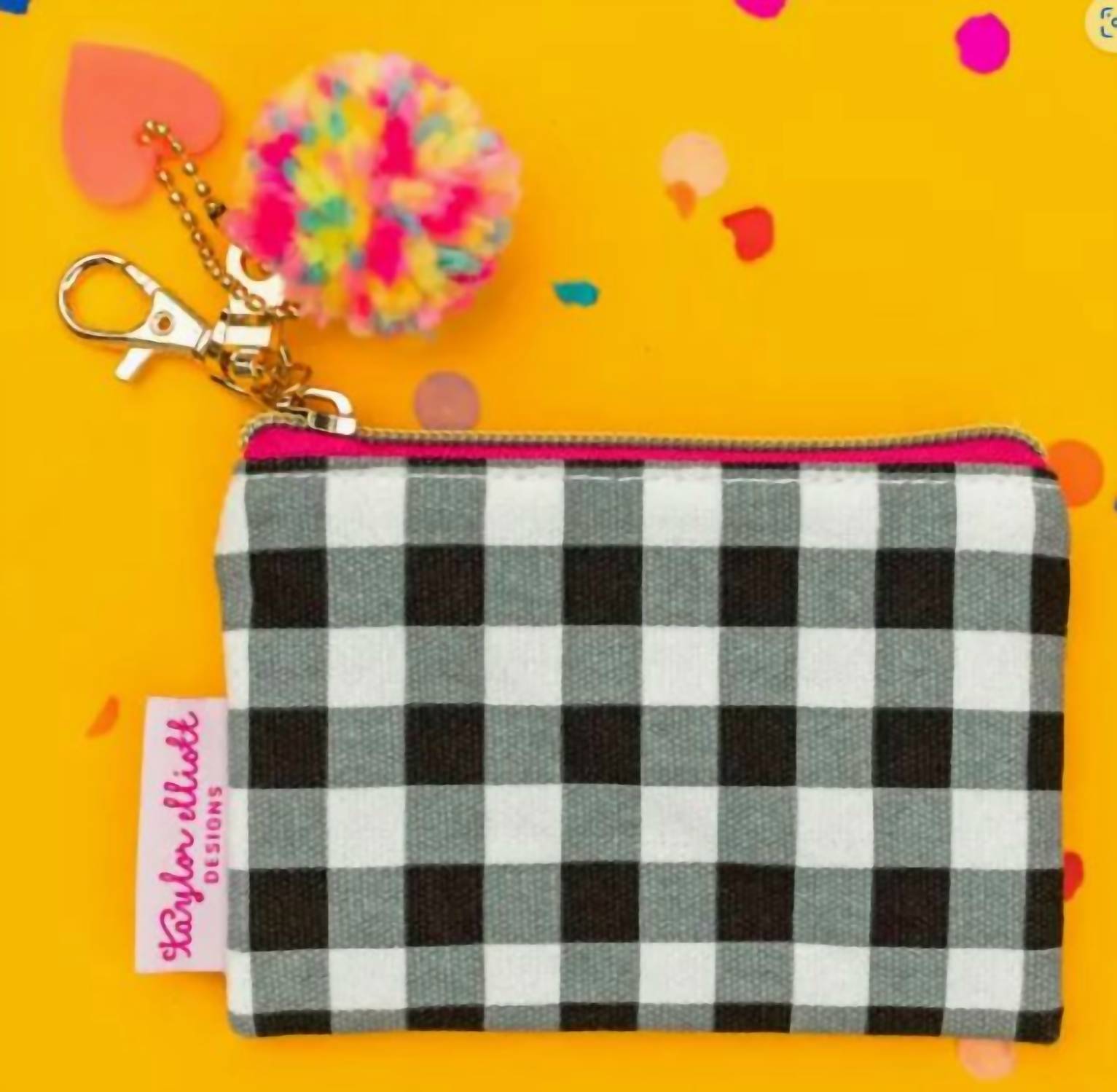 Taylor Elliott Designs - Women's Gingham Card Holder Keychain With Pom And Heart Charm